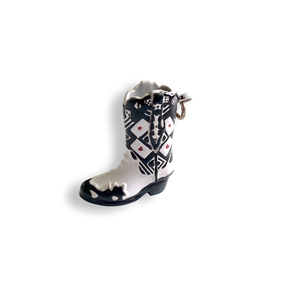 Vintage Country Western Cowboy Boot Black & White Enamel Necklace Pendant Charm.